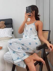 Napfluff Bộ đồ ngủ nữ dáng rộng thoải mái, kẻ sọc xanh trắng, họa tiết ngôi sao, có dây đeo. - Màu xanh lam - Xem 1