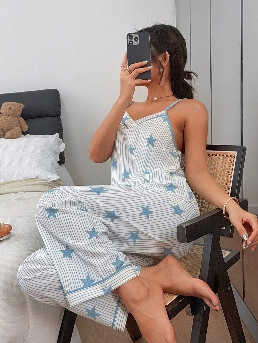 Napfluff Bộ đồ ngủ nữ dáng rộng thoải mái, kẻ sọc xanh trắng, họa tiết ngôi sao, có dây đeo. - Màu xanh lam - Xem 1