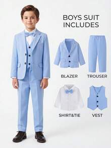 4pcs Young Boy Suit Set,Summer Traditional Wedding Pageboy Birthday Party Stage Performance,Notched Lapel Jacket,Light Blue Vest,Shirt,Bow Tie& Pants - Blue - View 6
