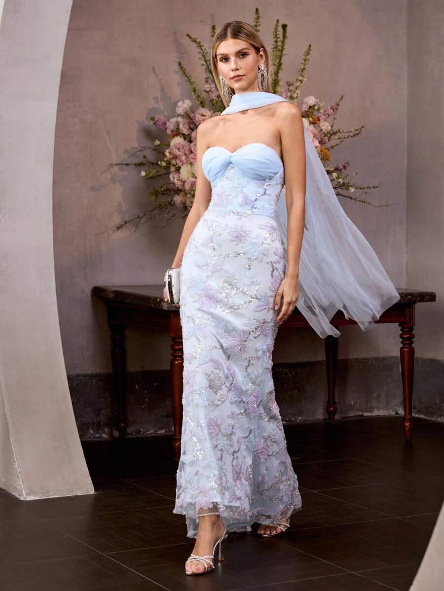 MOTF Soiréza WOMEN'S STRAPLESS BLUE BEADED DRESS, MERMAID STYLE, FOR PARTY AND FORMAL OCCASIONS, SPRING/SUMMER - Blue - View 2