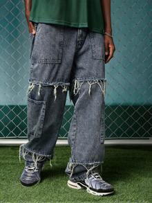 EVRINFINITE Quần jeans nam phong cách Grunge Goth Y2K, kiểu dáng thường ngày, có tua rua, dành cho giới trẻ, sinh viên, thể thao, dáng suông, đa năng. - Màu xanh lam - Xem 5