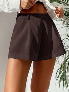 SHEIN PETITE Quần short nữ màu trơn, xếp ly, có túi, dáng rộng, kiểu dáng thường ngày. - Cà phê nâu - Xem 4