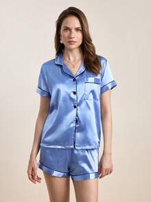 Hourtrue Contrast Binding Satin PJ Set / Pajama Setfor Summer - Baby Blue - View 4