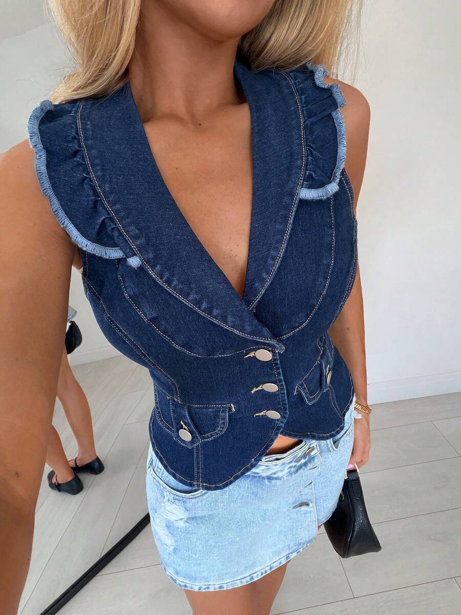 SHEIN TRNDY Áo sơ mi denim cổ bèo thời trang thường ngày, kiểu dáng mở phía trước. - Rửa tối - Xem 1