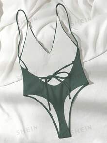 Swim Basics Áo tắm liền thân màu trơn cổ chữ V dây mảnh hở lưng dành cho nữ, thích hợp cho kỳ nghỉ hè ở bãi biển. - màu xanh lá - Xem 4