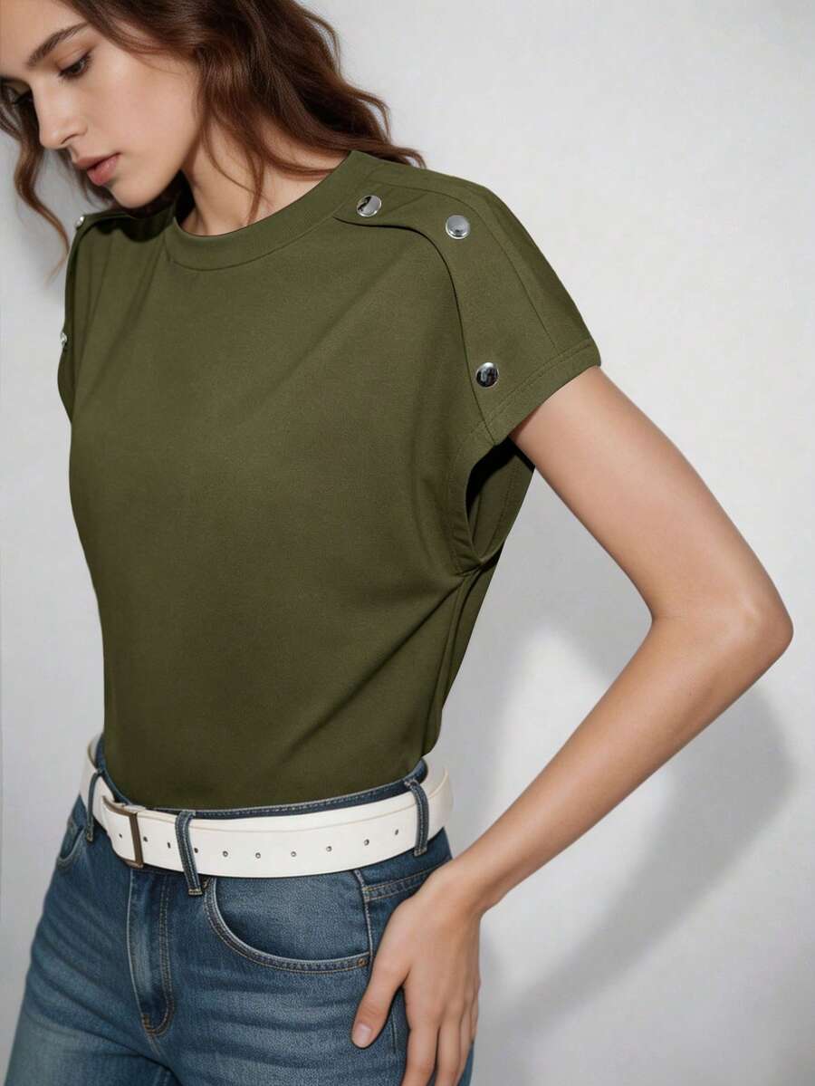 Lumivelle Camiseta casual de mujer de cuello redondo y botones de unicolor, primavera/verano - Verde - Ver 1