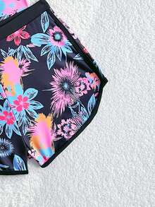 SHEIN Tween Girls Tankini Swimwear,Blue Summer Boho Beach Holiday Swim Holiday,Long Sleeve Rash Guard Set,Zipper 2pcs Modest Bathingsuit With Shorts,Pool - Multicolor - View 4