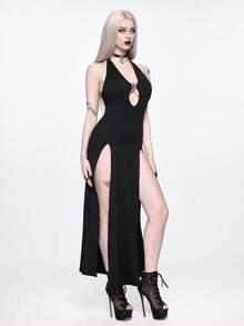 ROMWE Goth 夏季海滩装扮 暗黑哥特性感高开衩五角星镂空紧身连衣裙 - 黑色 - 查看 6