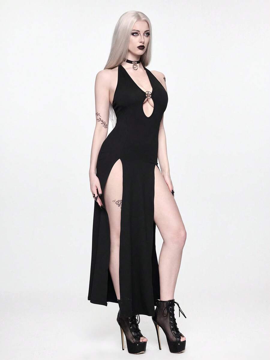 ROMWE Trang phục đi biển mùa hè: Váy ôm sát gợi cảm xẻ cao họa tiết ngôi sao năm cánh, phong cách Gothic tối màu, khoét rỗng. - màu đen - Xem 1