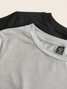 SHEIN EZwear 4件套加大码纯色套装 - 2件短袖上衣 + 2条及膝短裤 - 淺灰色 - 查看 6