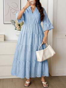 SHEIN LUNE Plus Size Women's V-Neck 3/4 Sleeve Elegant Midi Dress Fall - Baby Blue - View 5