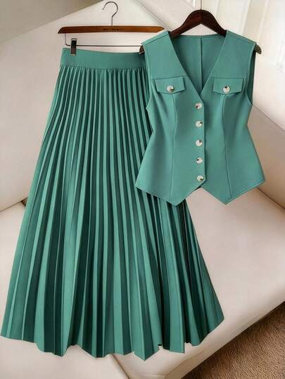 GlowEve CURVE Lake Green Sleeveless Deep V-Neck Vest & Pleated Skirt 2 Pieces Set, Plus Size, Summer