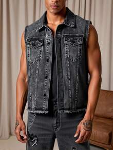 RivetRise Áo vest denim nam dáng suông một hàng cúc, có túi, kiểu dáng thường ngày. - Xám - Xem 1