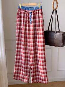 Comfortcana Plaid Belted Loose Wide Leg Pants For Women Red And White Plaid Checkered Summer Casual Preppy Day Lounge Back-To-School - Red - View 3