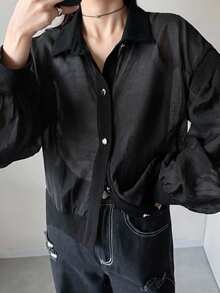 FRIFUL Women's Casual Streetwear Loose Metal Button Decor Jacket, Versatile For Autumn And Everyday Black - Black - View 5