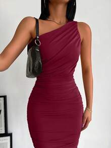 EURMUSE Women's Solid Color Minimalist Casual Asymmetrical Shoulder Dress - Burgundy - View 6