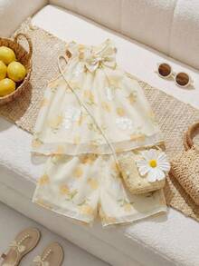 Souflis Souflis Baby Girls' Floral Embroidered Chiffon Bow Decor Sleeveless Top And Shorts 2 Pieces Set, Sweet And Energetic For Summer - Yellow - View 1