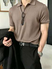 JOLTRO 男士休閒日常與通勤辦公純色羅紋V領 Polo 衫，極簡百搭，夏季正裝 - 卡其色 - 查看 5