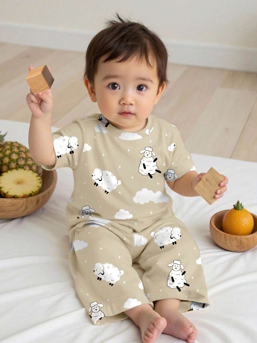 SHEIN Baby Boy Casual Lamb Pattern Loungewear Set, Loose Fit Suitable For Summer - Multicolor - View 1