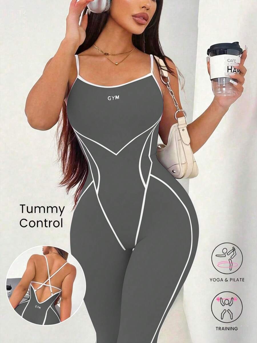 Slayform Slayform Contrast Trim Letter Print Tight Jumpsuit - Grey - View 1