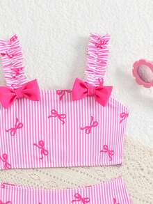 Conjunto de bikini de niña con estampado aleatorio, decorado con lazo y rayas para el verano y la playa - Rosa - Ver 3
