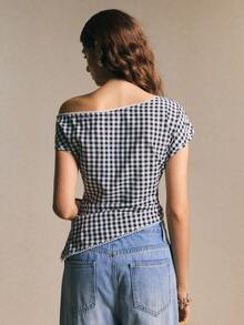 Poéselle Women's Plaid Asymmetric Hem Fashion Shirt - Black and White - View 7