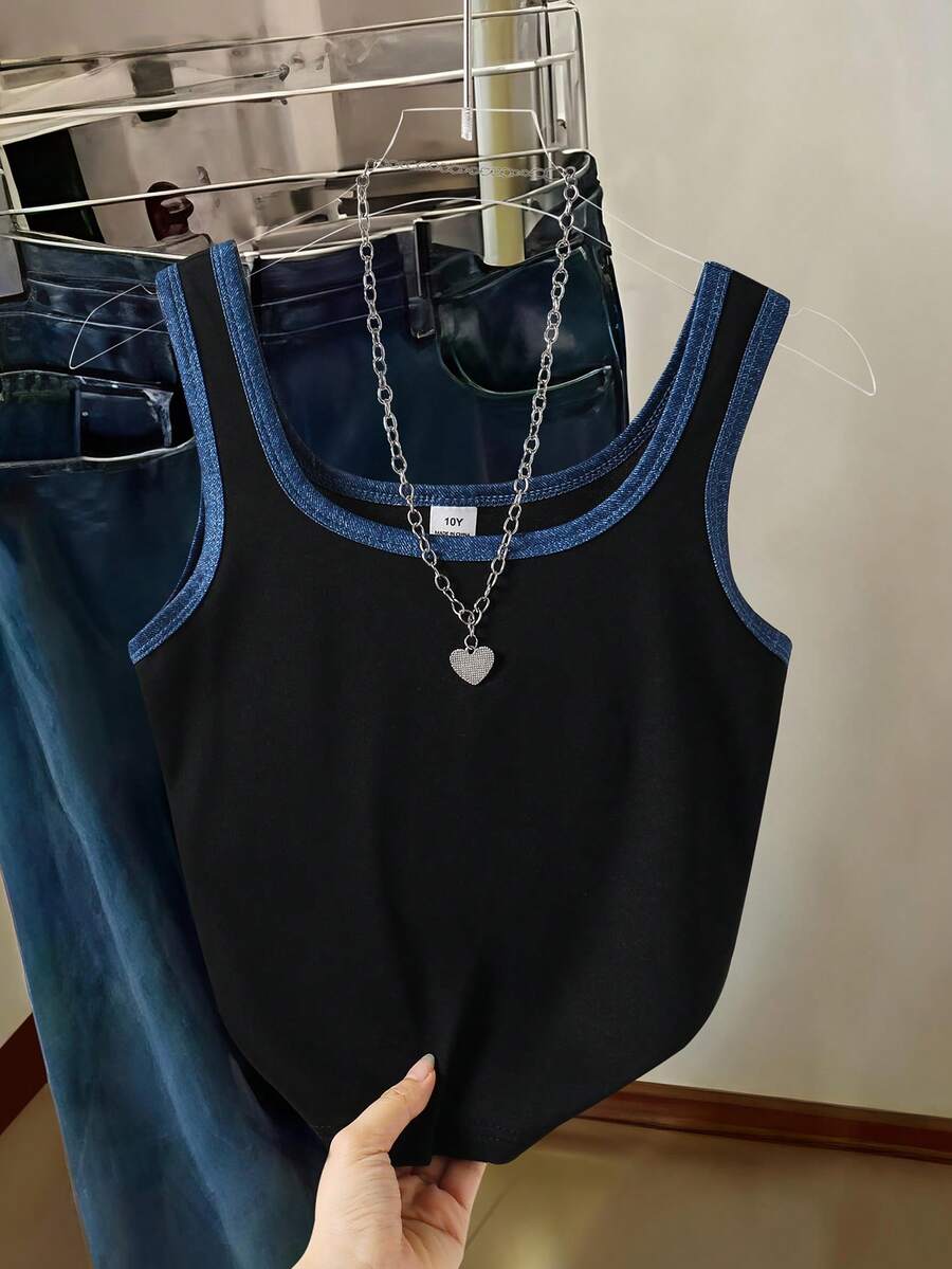 Tween Girl Contrast Trim Scoop Neck Casual Tank Top - Black - View 1