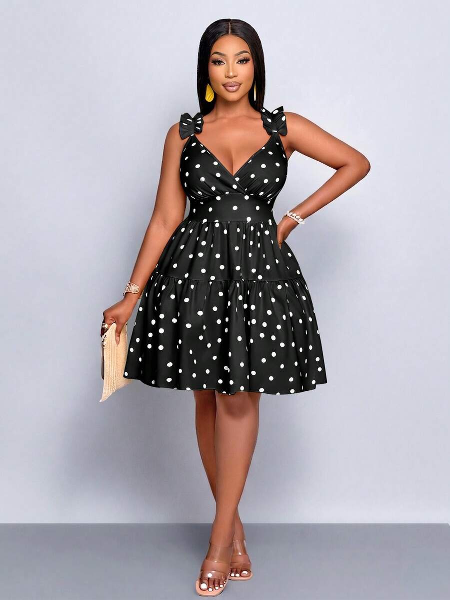 SOLERSUN Plus-Size Women Black And White Polka Dot Mini Dress,Summer 70's Elegant V-Neck Ruffled Multi-Layered Hem Loose Casual Party Vacation Sun Dress - Black - View 1