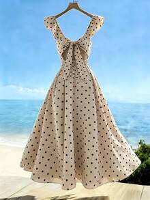 Franclia Women's V-Neck Ruffle Sleeve Pleated Waist Backless Tie Polka Dot Print Maxi Dress, Casual Vacation Style, Spring/Summer - Apricot - View 2