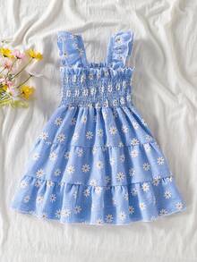 SHEIN Đầm xòe xếp tầng thoải mái, dễ thương, họa tiết hoa cúc kẻ caro, dây đeo vai bồng, tay bồng, eo bèo, thích hợp cho mùa xuân/hè đi biển, kỳ nghỉ, dã ngoại, chụp ảnh đường phố. - Màu xanh nhạt - Xem 4