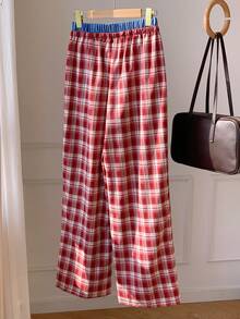 Comfortcana Plaid Belted Loose Wide Leg Pants For Women Red And White Plaid Checkered Summer Casual Preppy Day Lounge Back-To-School - Red - View 2