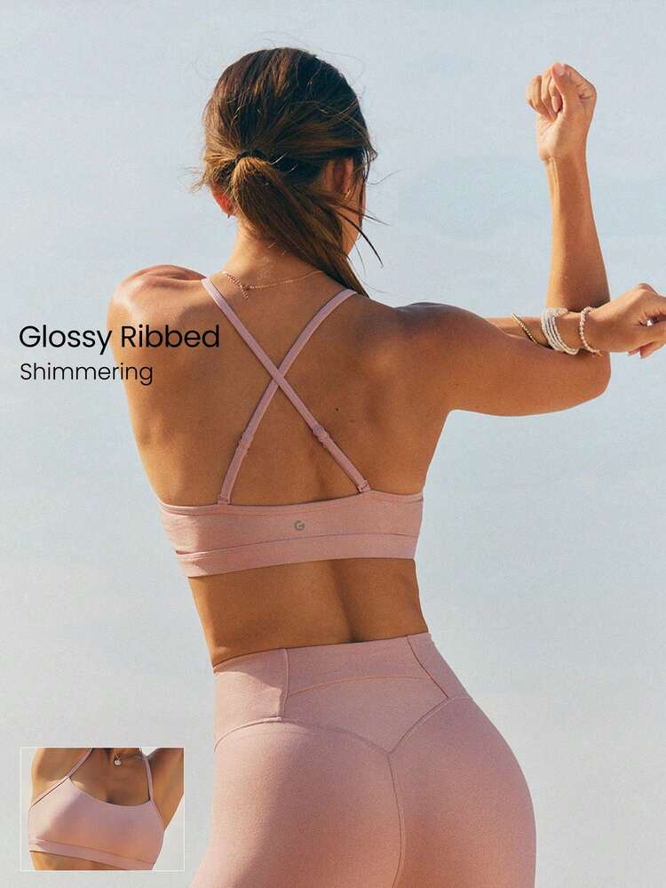 Shimmer Ribbed Shiny Finish Adjustable Strap Sports Bra With Removable Cups Detachable Straps Low Impact Yoga Pilates Studio Daily Wear