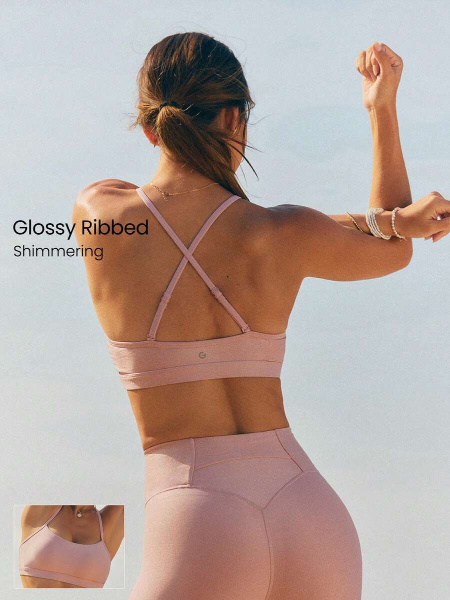 GLOWMODE Bra Olahraga Bertekstur Berkilau dengan Lapisan Mengkilap, Tali Bahu yang Dapat Diatur, dan Cup yang Dapat Dilepas, Tali Bahu yang Dapat Dilepas, Cocok untuk Yoga, Pilates, Studio, dan Pemakaian Sehari-hari dengan Dampak Rendah. - Dusty Pink - View 1