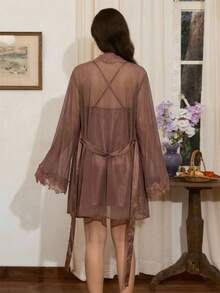 Côtesoire Women's Redwood Gorgeous Luxury Short Robe Set With Long Sleeve Sheer Mesh And Spaghetti Strap Plain Design Lingerie Robe Set Silk ,2piece Dress - Redwood - View 3