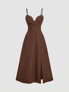 SHEIN MOD Đầm dài xẻ tà màu nâu cổ điển thập niên 70, có khoen kim loại, dây rút, thích hợp mặc đi học, đi chơi hoặc kiểu miền Tây. - màu nâu - Xem 4