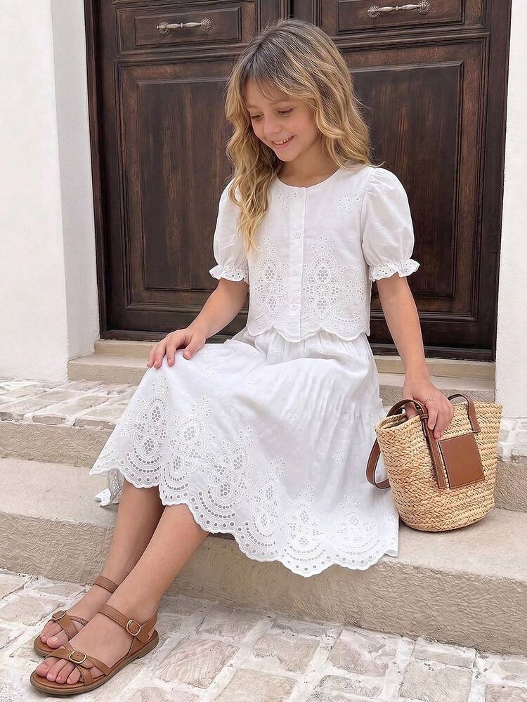 SHEIN 少女刺绣泡泡袖上衣和裙子套装，适合户外活动、生日派对、节日表演、拍照、典礼和其他场合。 - 白色 - 查看 7