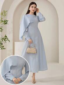 Veilorie Women's Elegant Solid Color Asymmetrical Cape Sleeve Waist Cinched Arabic Style Dress, Suitable For Spring And Autumn - Blue - View 2
