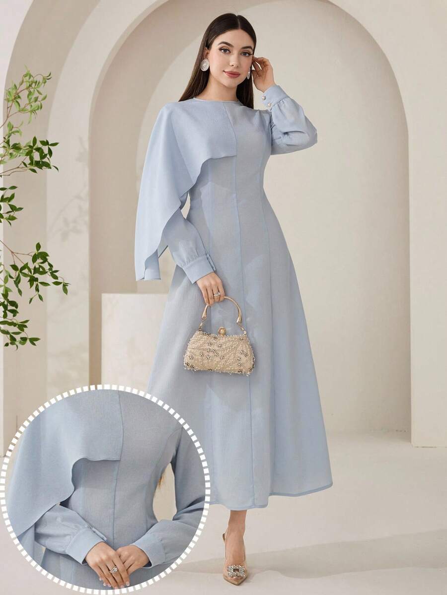 Veilorie Women's Elegant Solid Color Asymmetrical Cape Sleeve Waist Cinched Arabic Style Dress, Suitable For Spring And Autumn