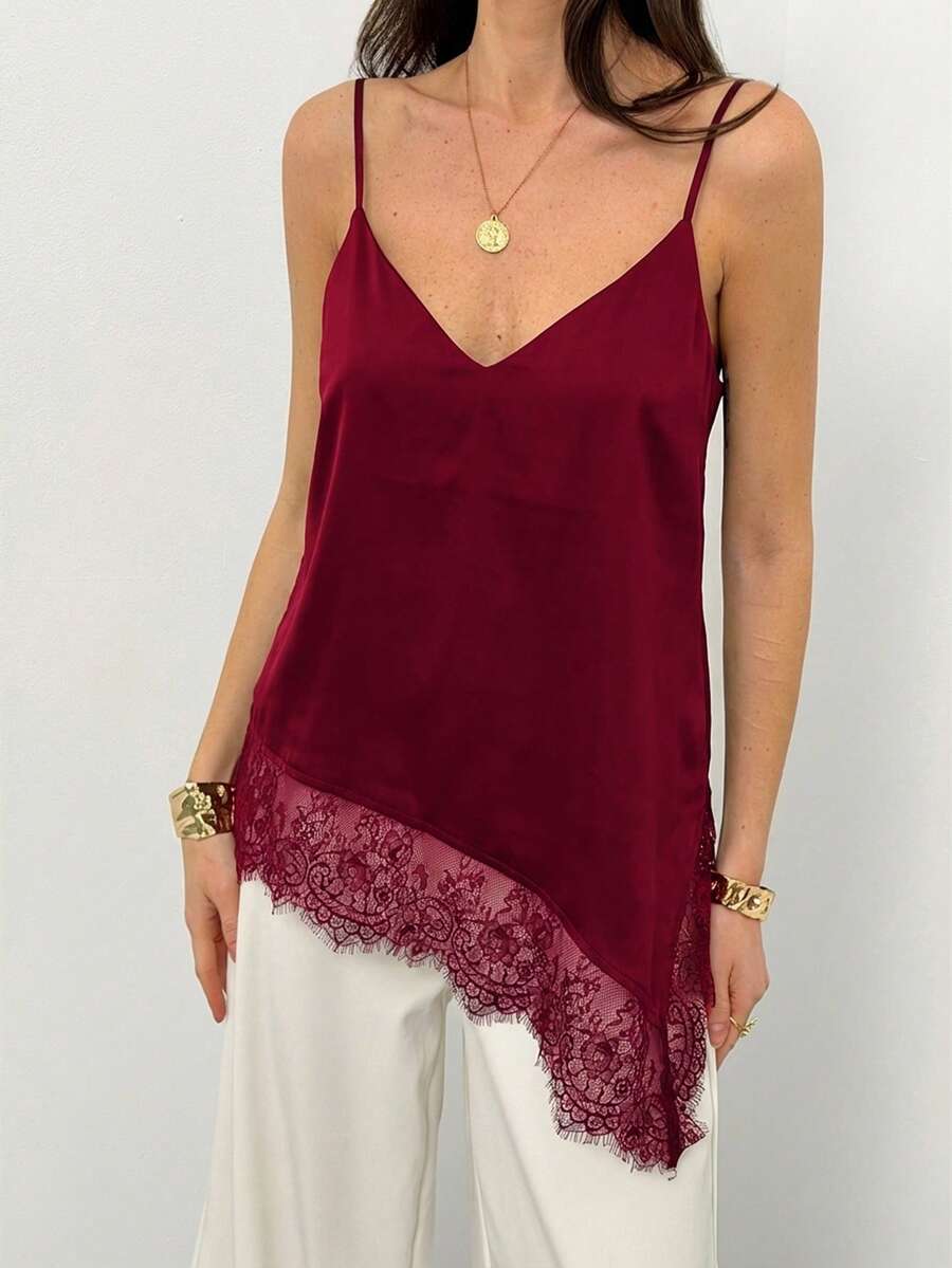 Aloruh Kamisol Wanita Warna Polos dengan Detail Renda Kontras dan Hem Asimetris - Burgundy - View 1
