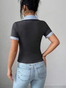 SHEIN Elenzya Best-Selling Blue & White Striped Collar Patchwork Black Knit Buttoned Cuff Decor Short Sleeve Striped Knit T-Shirt - Grey - View 2