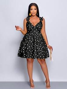 SOLERSUN Plus-Size Women Black And White Polka Dot Mini Dress,Summer 70's Elegant V-Neck Ruffled Multi-Layered Hem Loose Casual Party Vacation Sun Dress - Black - View 6
