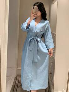 DAZY 女士卡通小狗印花长袖休闲睡袍 - 藍色 - 查看 8
