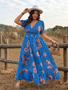 Ceyna Plus Size Elegant Floral Print Dress, Suitable For Spring/Summer - Navy Blue - View 5