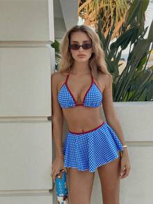 Swim Mod Set Bikini Halter Motif Garis-garis Biru dan Putih, Rok Berumbai, Pakaian Renang 3 Potong untuk Pesta Pantai, Kolam Renang, Hari Kemerdekaan, dan Musim Panas. - Blue and White - View 1