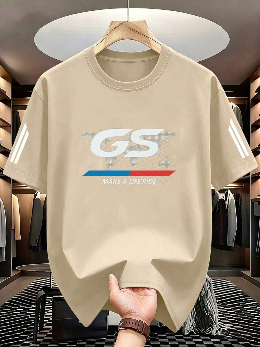 Resyla Men's Letter Print Round Neck Short Sleeve Casual Standard T-Shirt - Khaki - View 1