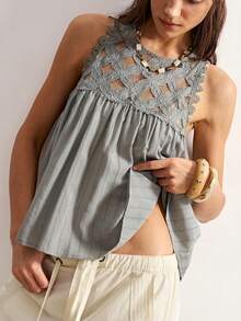 Bohemela Women's Solid Color Lace Ruffle Casual Versatile Daily Wear Top - Grey - View 4
