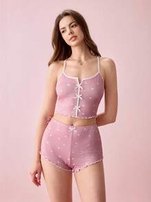 Bonmuse Women's Heart Printed Pajamas Set With Bow Decorationfor Summer - Pink - View 7