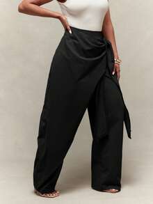 Vixey Asymmetrical Wrap Panel Elastic Waistband Black Barrel Leg Trousers, Office Wear Dinner, Workwear, Desk To Dinner Autumn Classy Elegant - Black - View 4