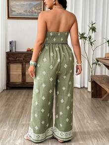 SHEIN LUNE CURVE Combinaison élégante et décontractée pour grandes tailles en tissu texturé à faux motif brodé, convient pour les sorties, les vacances, la plage - Vert - Voir 2