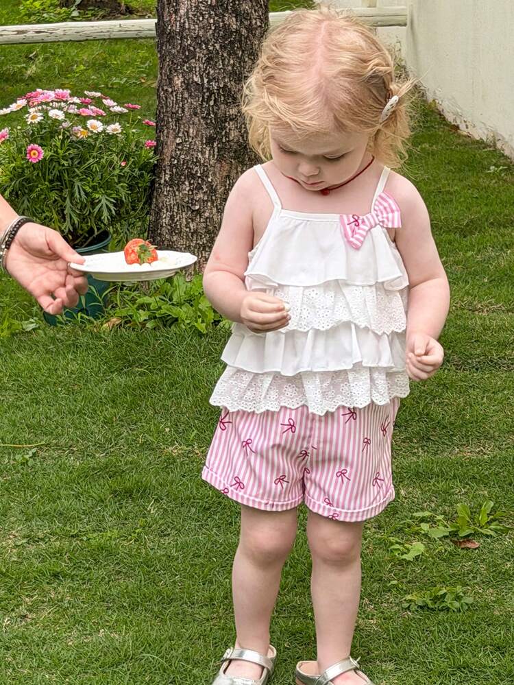 LMoss Kids Conjunto de 2 peças para Bebê Menina, Colete Sólido Tecido Fofo e Shorts Listrados - Multicolorido - Visão 4
